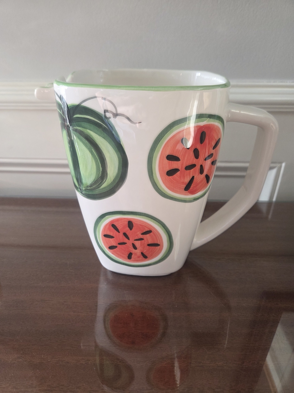 Vietri Watermelon Motif Ceramic Pitcher- White, Green & Coral